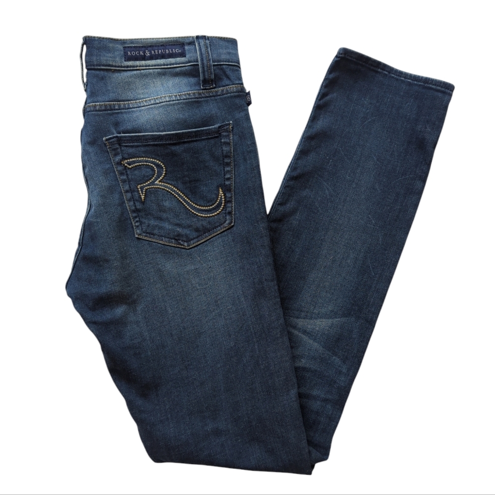 Rock & Republic Berlin Distressed Denim Jeans 8M Blue Pockets
